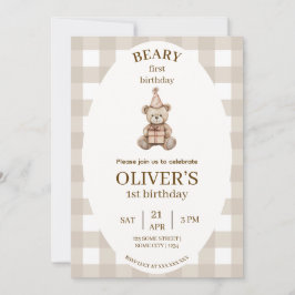 Beary First Birthday Invitation Gingham Editable Inbjudningar