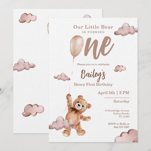Beary First Birthday Invitation Inbjudningar (Fram/baksida)