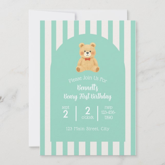 Beary First Birthday Invitation | Teal Inbjudningar (Framsida)
