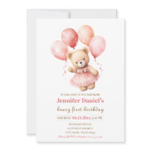 Beary First Birthday Invite with Pink Balloons