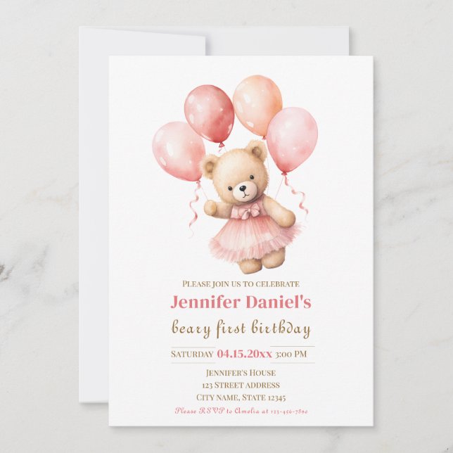 Beary First Birthday Invite with Pink Balloons Inbjudningar (Framsida)
