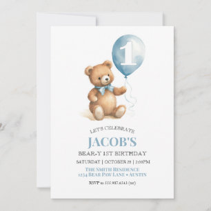Beary First Birthday Nalle Boy Inbjudningar