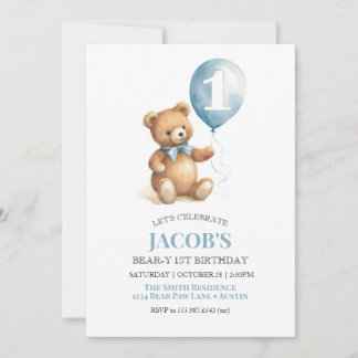 Beary First Birthday Nalle Boy Inbjudningar