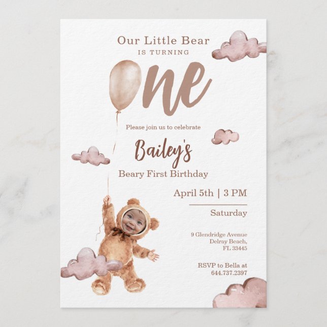 Beary First Birthday Photo Invitation Inbjudningar (Framsida)