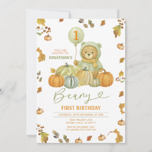 Beary First Birthday Pumpkin Grönt Höst löv Inbjudningar