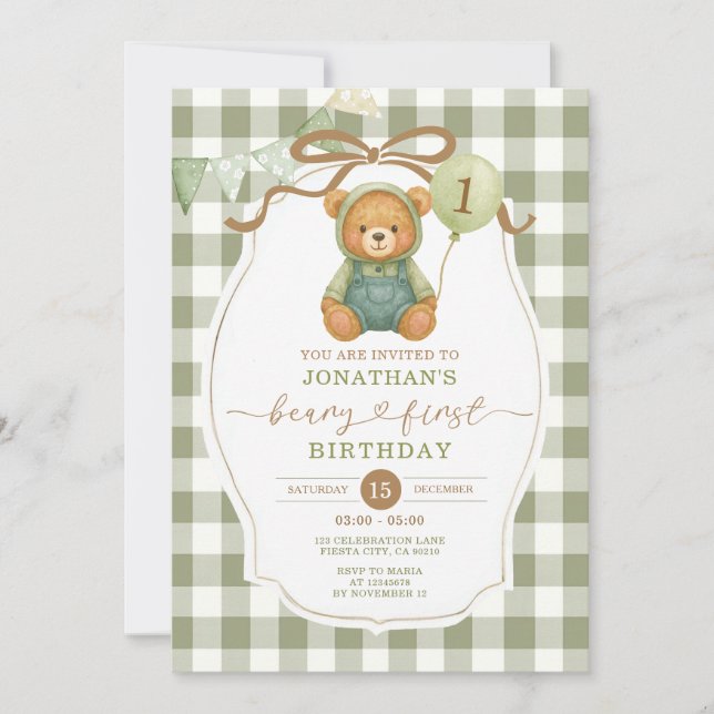 Beary First Birthday Pumpkin Sage Grönt Gingham Inbjudningar (Framsida)