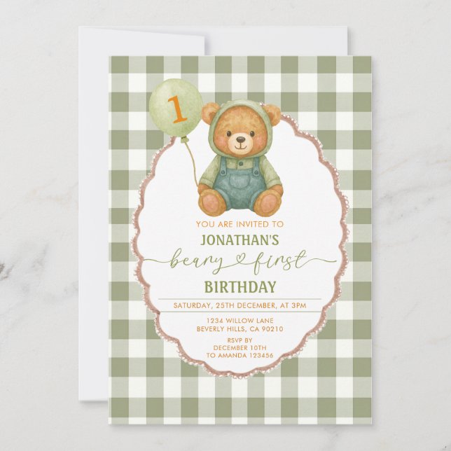 Beary First Birthday Pumpkin Sage Grönt Gingham Inbjudningar (Framsida)