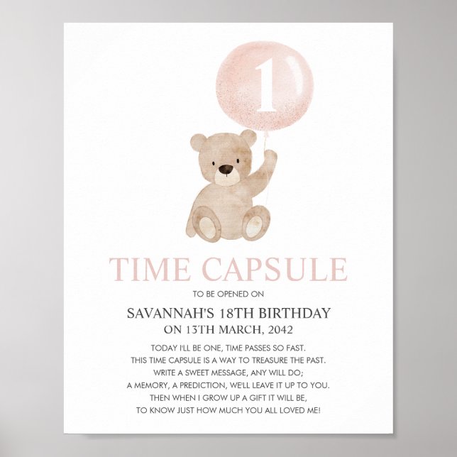 Beary First Birthday Rosa Bear Time Poster Kapsel (Framsidan)