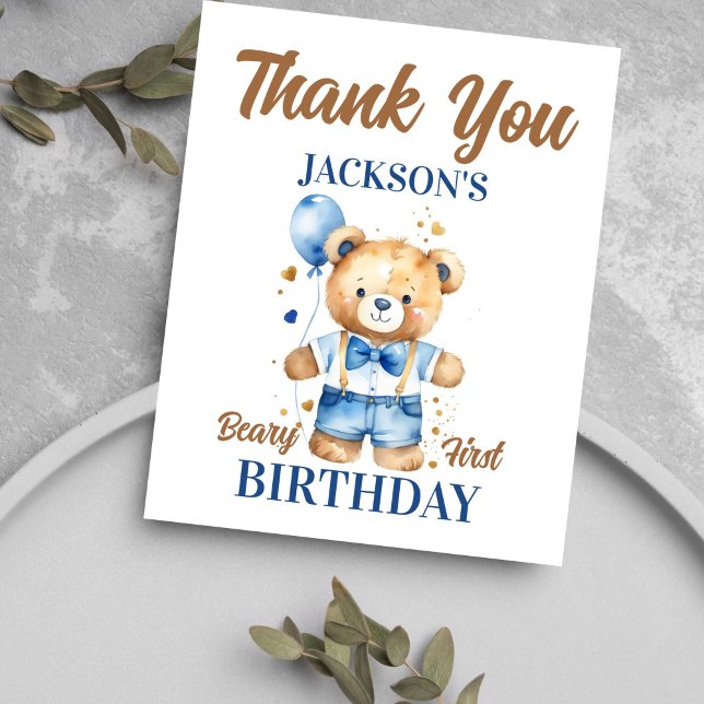 Beary First Boy-födelsedag söt tonåring tack ditt  (Teddy bear birthday thank you cards cute teddy bear with denim shorts blue balloon thank you card)