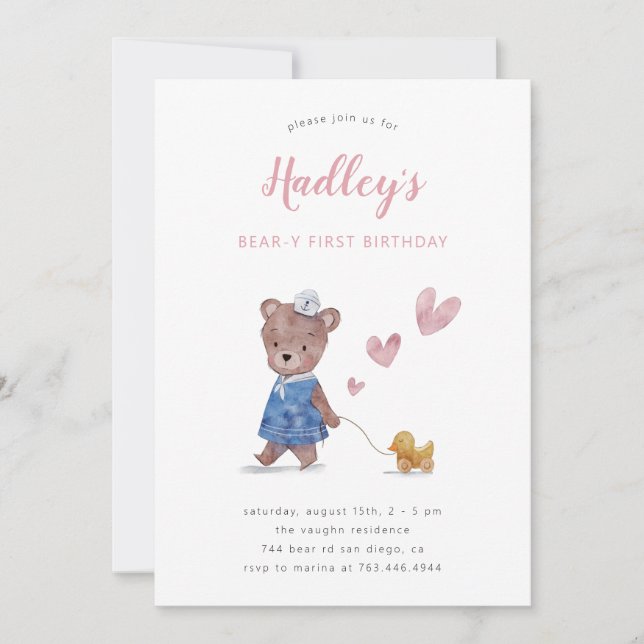 Beary First Nalle Girl-Födelsedagsfest-inbjudan Inbjudningar (Framsida)