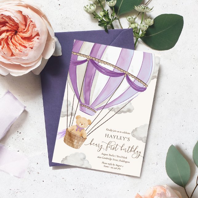 Beary First Nalle Luftballong Birthday Inbjudningar (Skapare uppladdad)