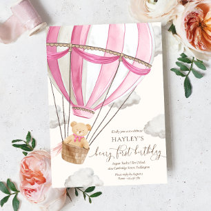 Beary First Nalle Luftballong Birthday Inbjudningar