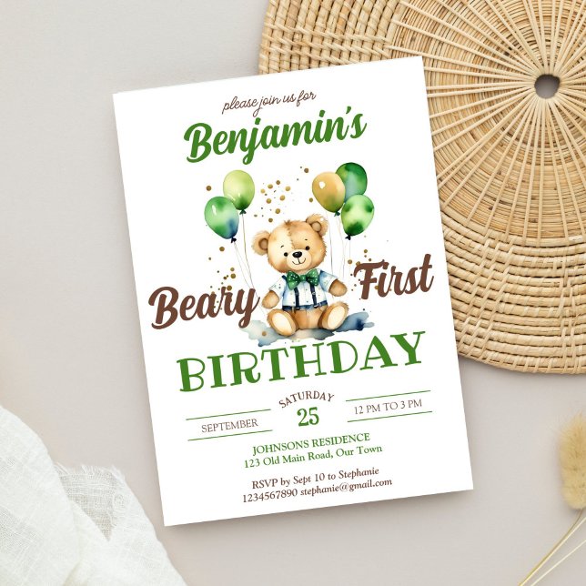 Beary First nalle party grönt brun Inbjudningar (Beary first teddy bear birthday party template invitation digital download cute teddy with bow tie)