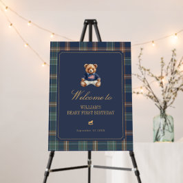 Beary First Navy Plaid Birthday Welcome Sign