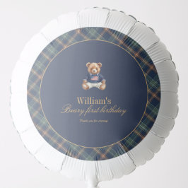 Beary First Navy Plaid Teddy Bear Birthday Balloon