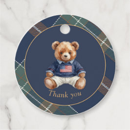 Beary First Navy Plaid Teddy Bear Round Favor Tag Gåvor Etiketter