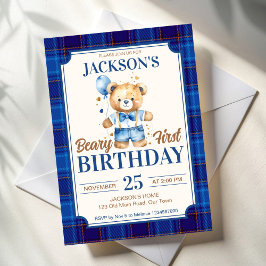 Beary First pojkars födelsedag söt teddy blå ballo Inbjudningar