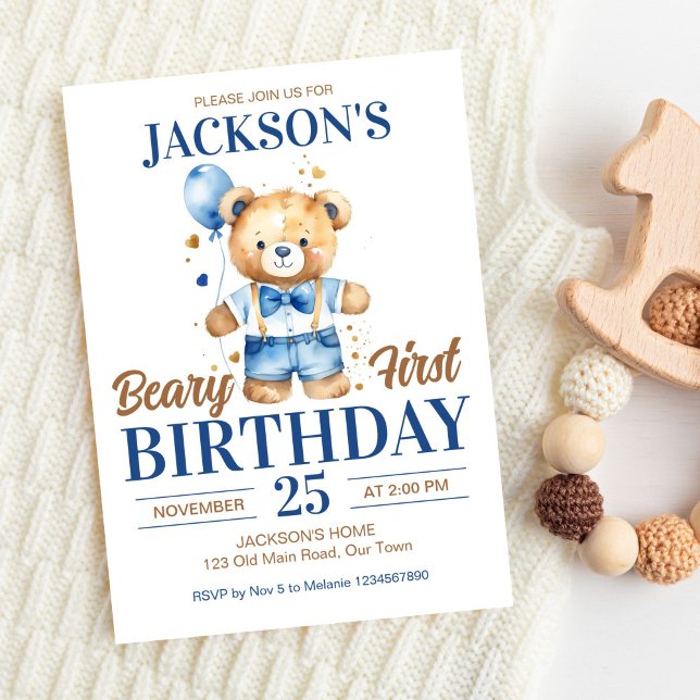 Beary First pojkars födelsedag söt teddy blå ballo Inbjudningar (Beary first birthday party editable template invitation digital download cute teddy bear blue pants)