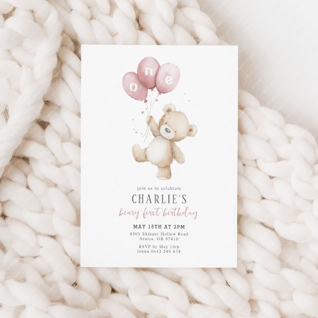 Beary First Rosa Balloon Boy 1st Birthday Teddy Inbjudningar (Beary first birthday! Pink balloon and teddy bear 1st birthday party invitation)