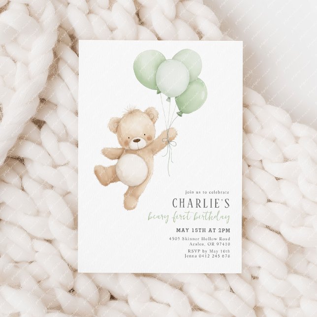Beary First Sage Balloon Boy 1st Birthday Teddy Inbjudningar (Beary 1st birthday invitation | Sage green balloons and teddy bear.)