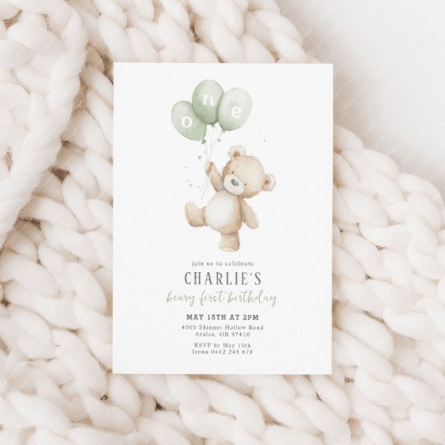 Beary First Sage Green Balloon Boy 1st Birthday Inbjudningar (Beary first birthday! 1st birthday invitation with teddy bear and sage green balloons)