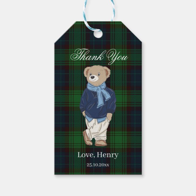 Beary first teddy bear green plaid birthday favor presentetikett (Framsidan)