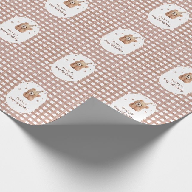 Beary Första Födelsedag Gingham Presentpapper (Hörn)