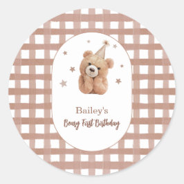 Beary Första Födelsedagen Gingham Runt Klistermärke