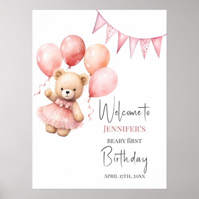 Beary Första Födelsedagsaffisch Rosa Ballong  Poster (Framsidan)