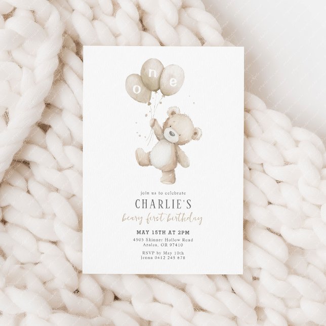 Beary Första Neutrala Ballong Pojke 1-årsdag Teddy Inbjudningar (Beary first birthday! Beige balloon and teddy bear 1st birthday party invitation)