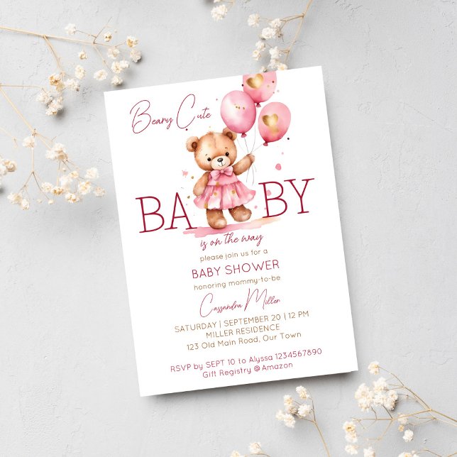 Beary Girl nalle baby-duschmall Inbjudningar (Beary cute girl teddy bear baby shower template invitation digital download teddy bear pink dress)