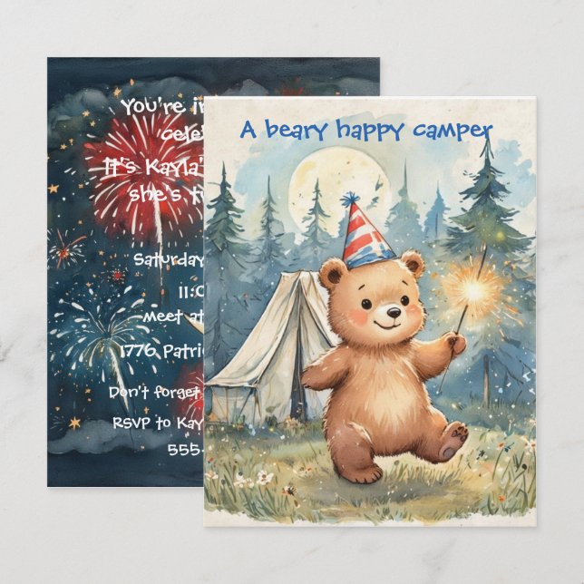 Beary Happy Camper Digital Download Invitation Inbjudningar (Fram/baksida)