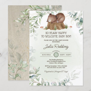 Beary Lycklig Woodland Forest Bear Boy Shower Inbjudningar