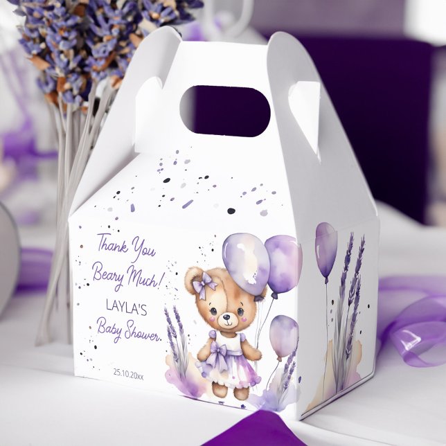 Beary nalle lila babydusch tack. presentaskar (Beary cute teddy bear purple baby shower thank you favor box lavender girl teddy bear favor box)