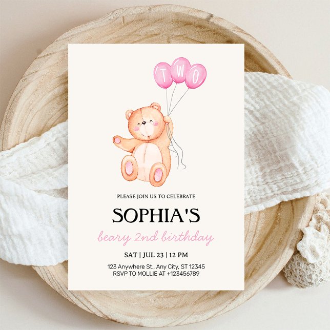 Beary Rosa Ballong 2-årsdag Teddy Inbjudningar (Skapare uppladdad)