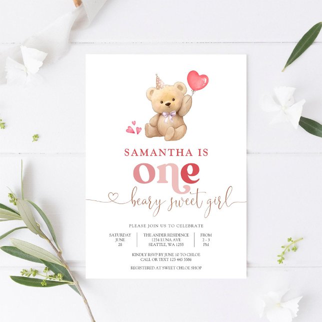 Beary Söt 1-års födelsedagsinbjudan Inbjudningar (Skapare uppladdad)