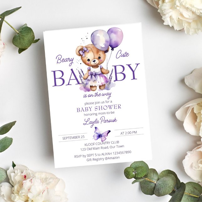 Beary Söt nalle lila lavender babydusch Inbjudningar (Beary cute teddy bear baby shower template invitation instant digital download purple teddy bear )