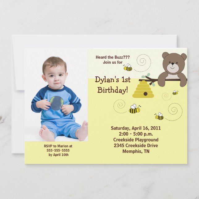 Beary Sweet Bear & Bee *PHOTO* Birthday 5x7 Inbjudningar (Framsida)