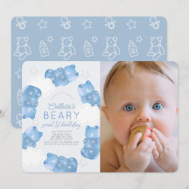Beary Sweet Blue Gummy Bear Boy Foto 1:a födelseda Inbjudningar