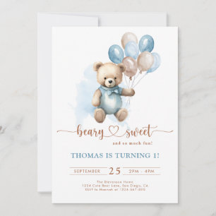 Beary Sweet Boy 1st Birthday Nalle Blue Brown Inbjudningar