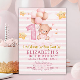 Beary Sweet First Birthday | Pink Boho Bear Girl Inbjudningar