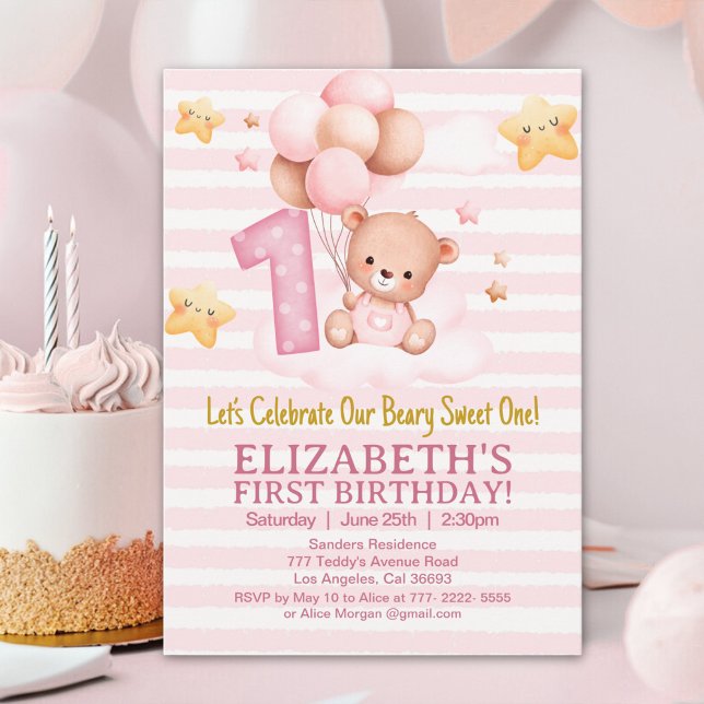 Beary Sweet First Birthday | Pink Boho Bear Girl Inbjudningar (Skapare uppladdad)