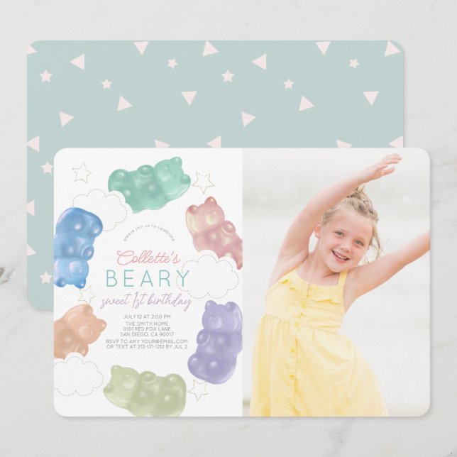 Beary Sweet Gummy Bear Girl Foto Birthday Inbjudningar (Fram/baksida)