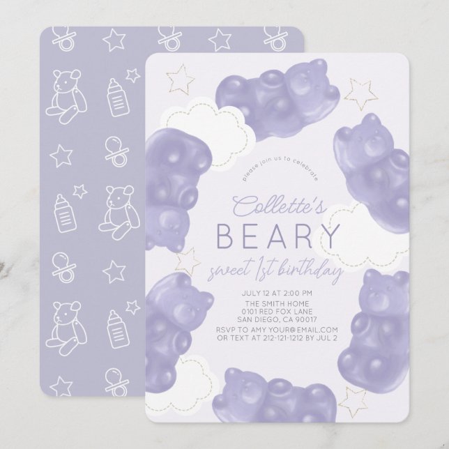 Beary Sweet Lila Gummy Bear 1:a födelsedagen Inbjudningar (Fram/baksida)