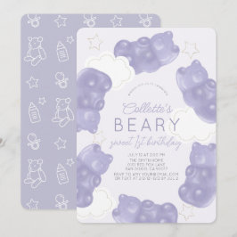 Beary Sweet Lila Gummy Bear 1:a födelsedagen Inbjudningar