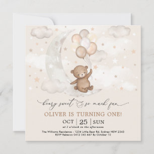 Beary Sweet Måne & Stars Nalle 1:a födelsedagen Inbjudningar