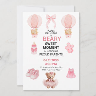 BEARY SWEET MOMENT GIRL 5X7 FLAT BABY SHOWER INBJUDNINGAR