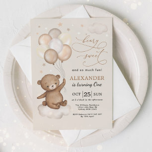 Beary Sweet Nalle & Balloys 1:a födelsedagen Inbjudningar