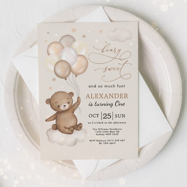 Beary Sweet Nalle & Balloys 1:a födelsedagen Inbjudningar (Skapare uppladdad)