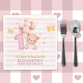 Beary Sweet One Birthday | Pink Boho Bear Girl Pappersservett